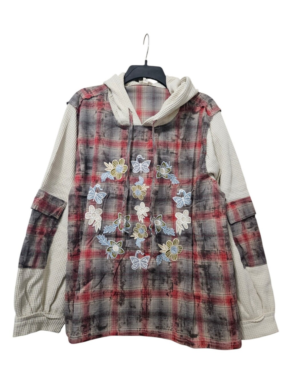 POL Hooded Pullover with Floral & Butterfly Embroidery - Red & Cream NEW